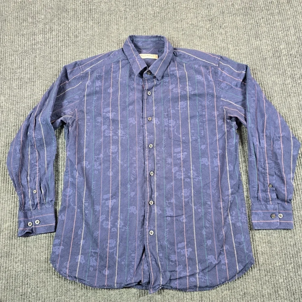 Tommy Bahama Shirt Mens Medium Blue Stripe Long Sleeve Button Up Silk Cotton - Picture 2 of 7